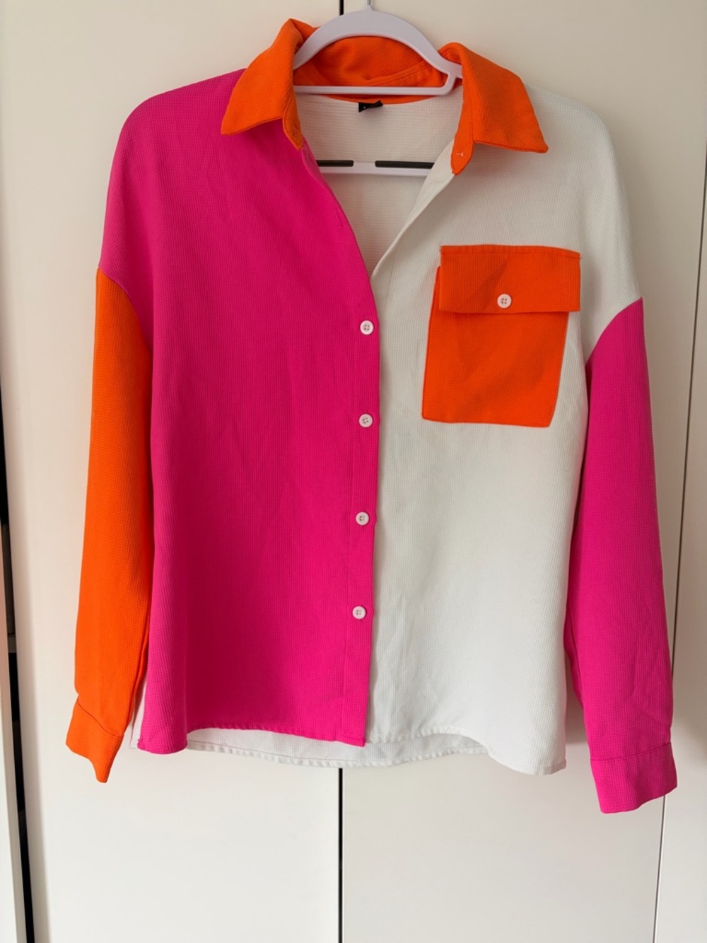 Neon Pink, Orange & White Colorblock Waffle Button Down